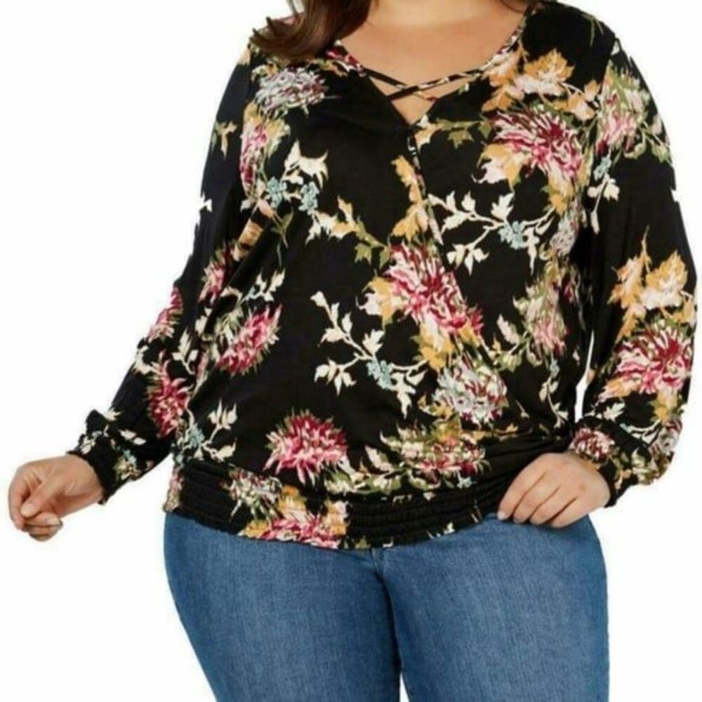 Style & Co Floral Black Long Sleeve Blouse Plus Size 0X / 14 NWT